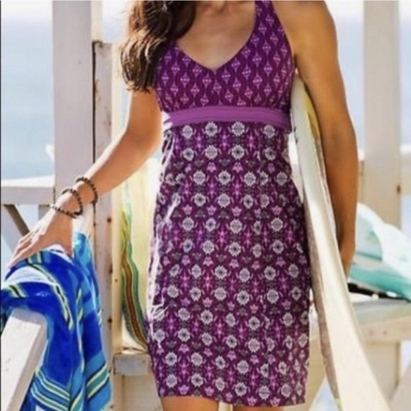 Athleta Pack Everywhere Halter Dress Athleisure Mixed Print Purple size 12 Tall - Picture 16 of 16